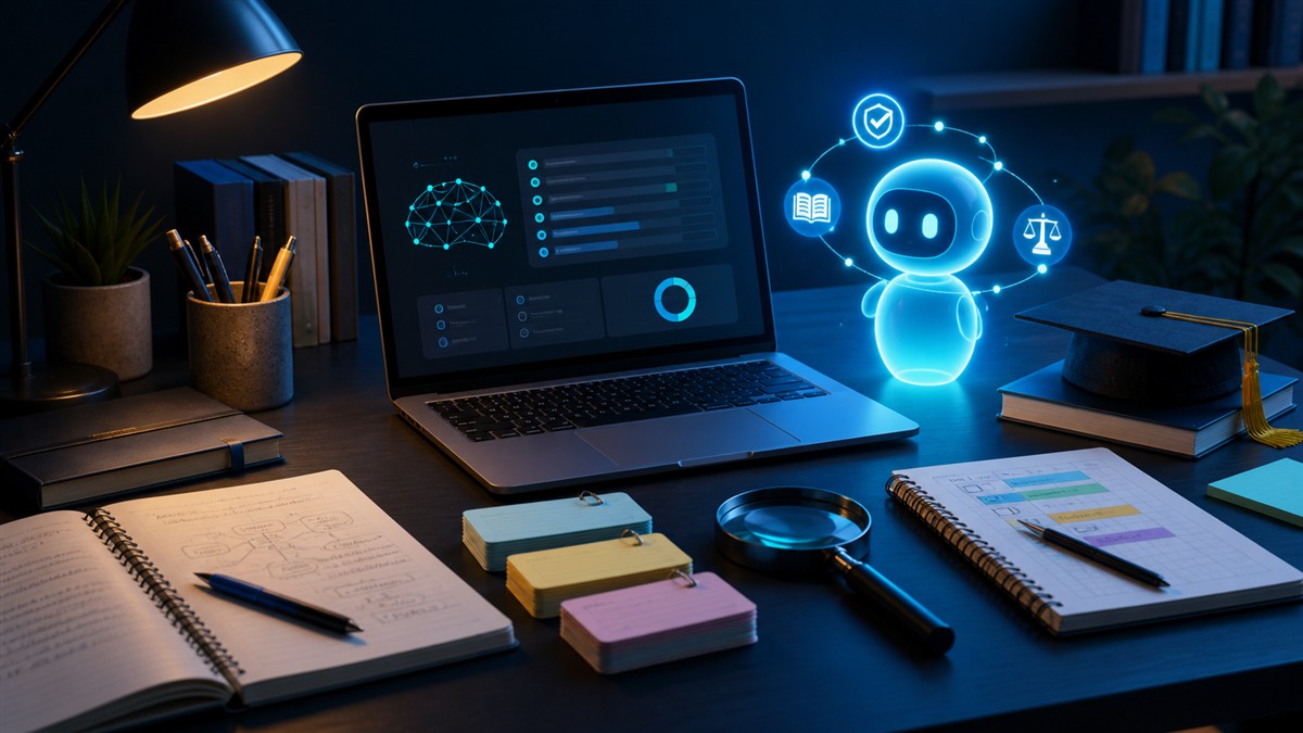 AI study tools beside a laptop, notebooks and research materials