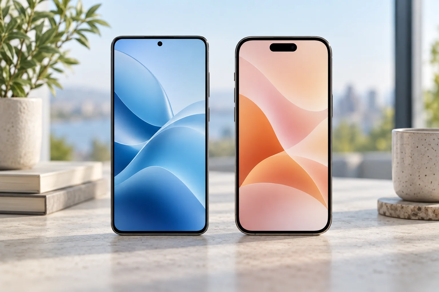 Two smartphones with blue and peach wallpapers standing side by side on a light stone desk