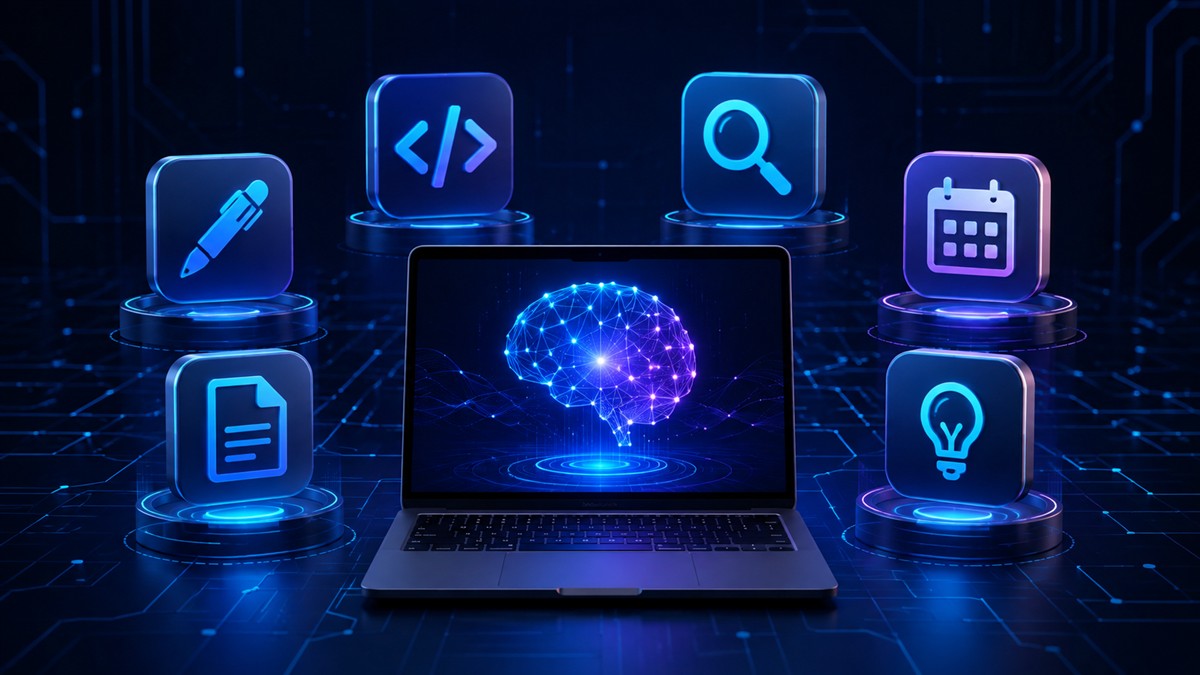 AI productivity tools arranged around a glowing laptop