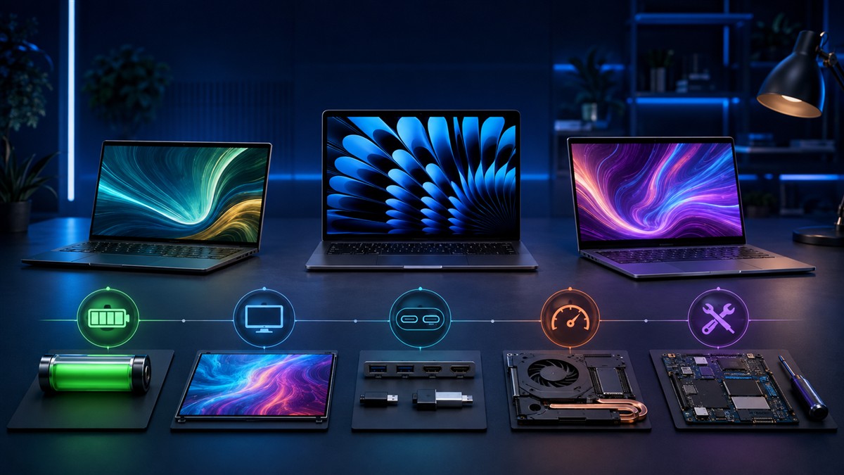 Three laptops compared for display, battery, ports and performance