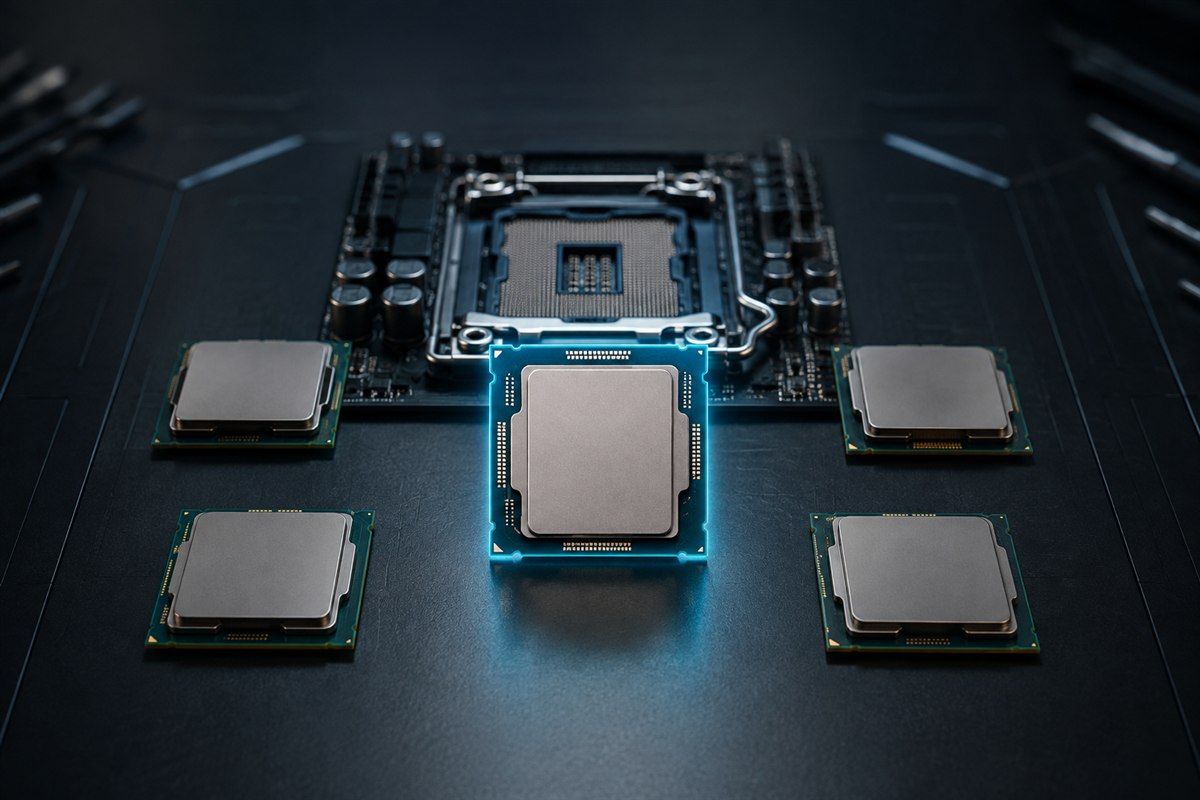 Processor, motherboard and PC components on a workbench