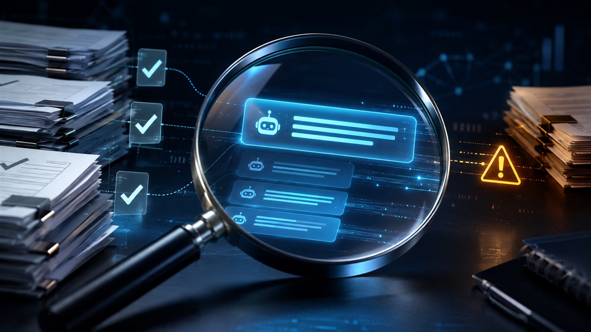 Magnifying lens checking AI answers against verified sources
