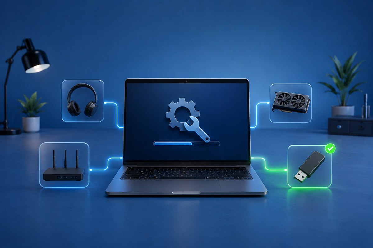 Windows laptop with diagnostics and settings graphics