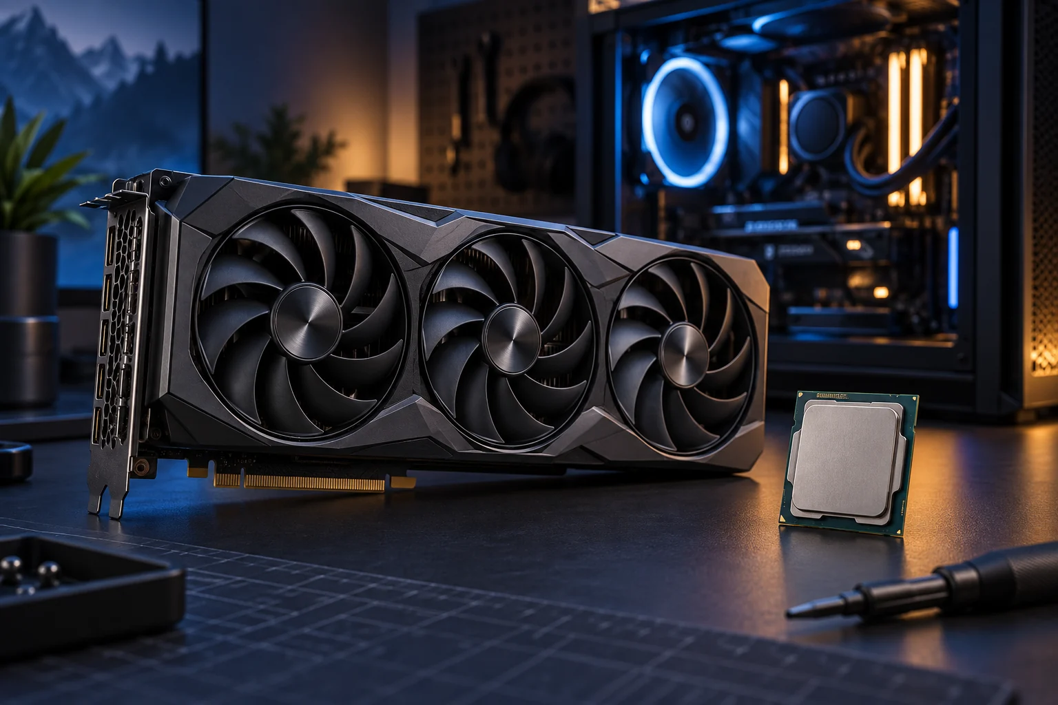 Three-fan graphics card and desktop processor beside an illuminated gaming computer