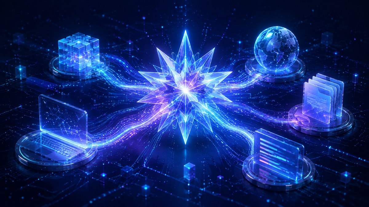 Luminous star-shaped AI core connecting code, research, documents and computer workflows