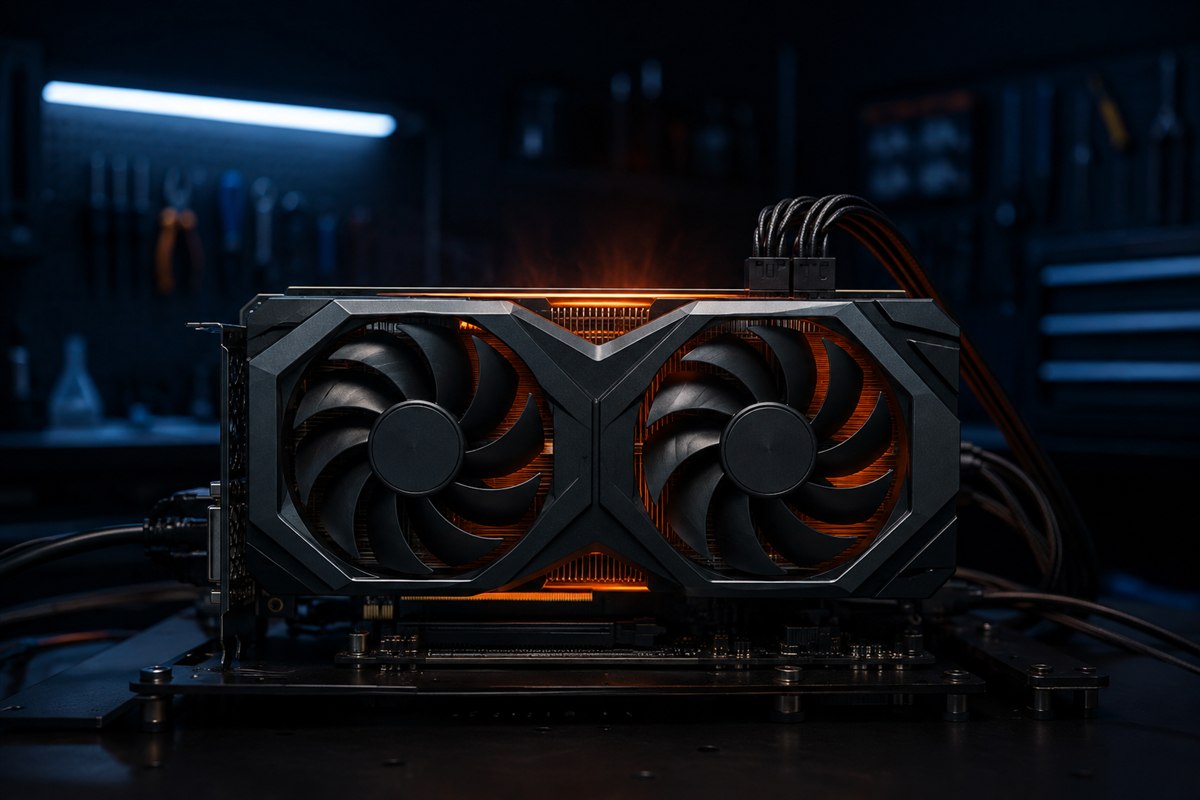 Graphics card and cooling components on a PC workbench