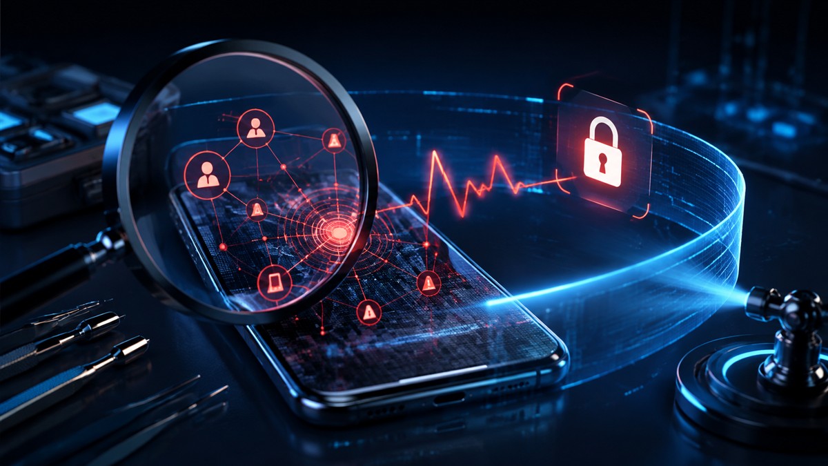 Smartphone being scanned for suspicious connections and account threats