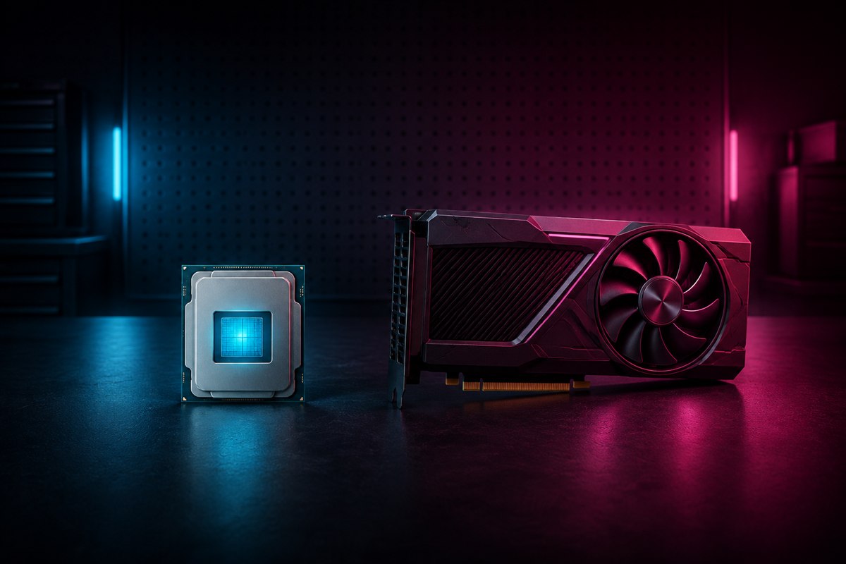 Graphics card and desktop PC components on a colorful workbench