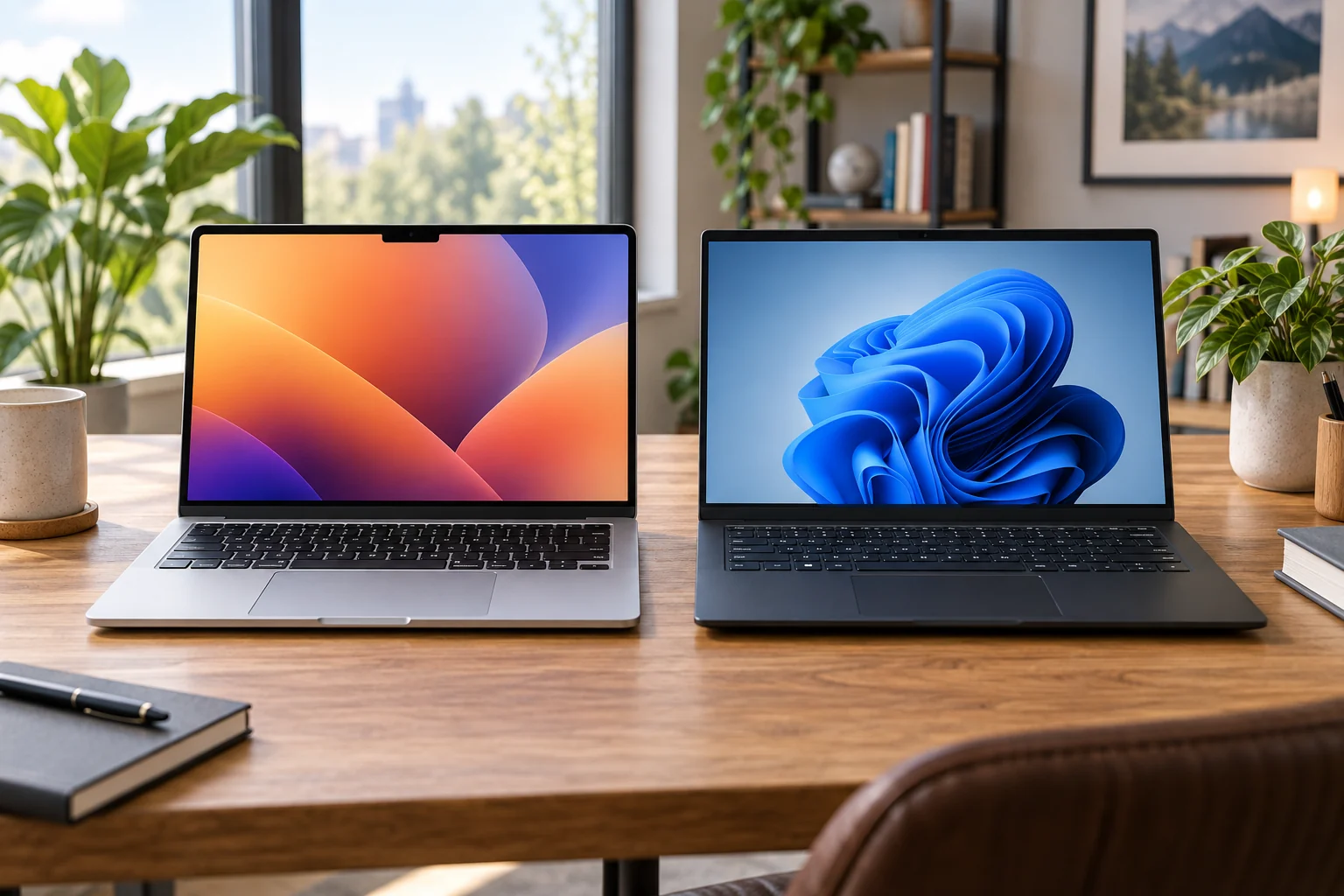 Silver and dark laptops side by side on a wooden desk in a bright home office
