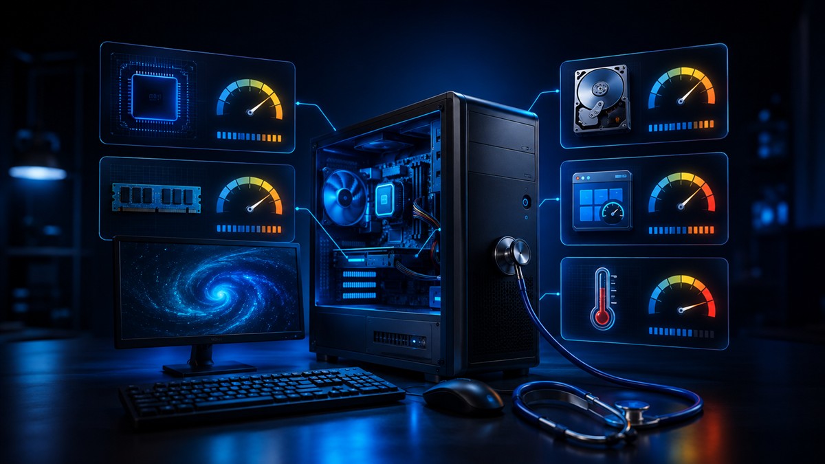 Desktop computer undergoing performance and temperature diagnosis