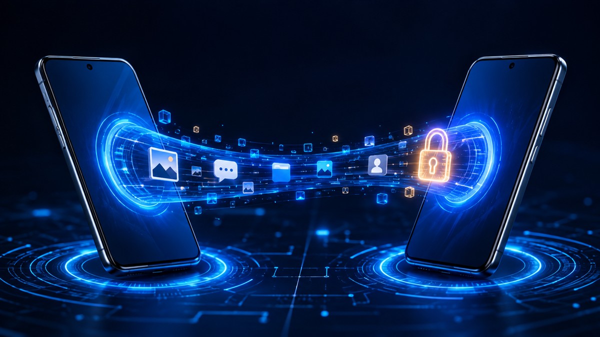 Two Android phones transferring apps, photos and messages securely