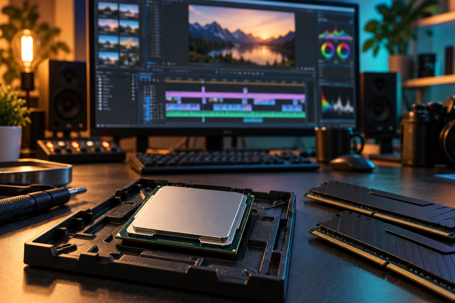Desktop processor and memory on a studio desk with an editing timeline on the background monitor