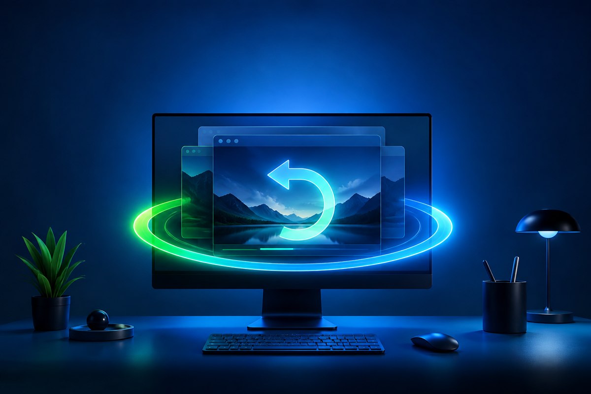 Modern desktop computer with Windows-style blue and green graphics