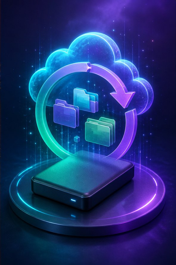 Glowing cloud, external drive and circular restore arrows representing a backup plan