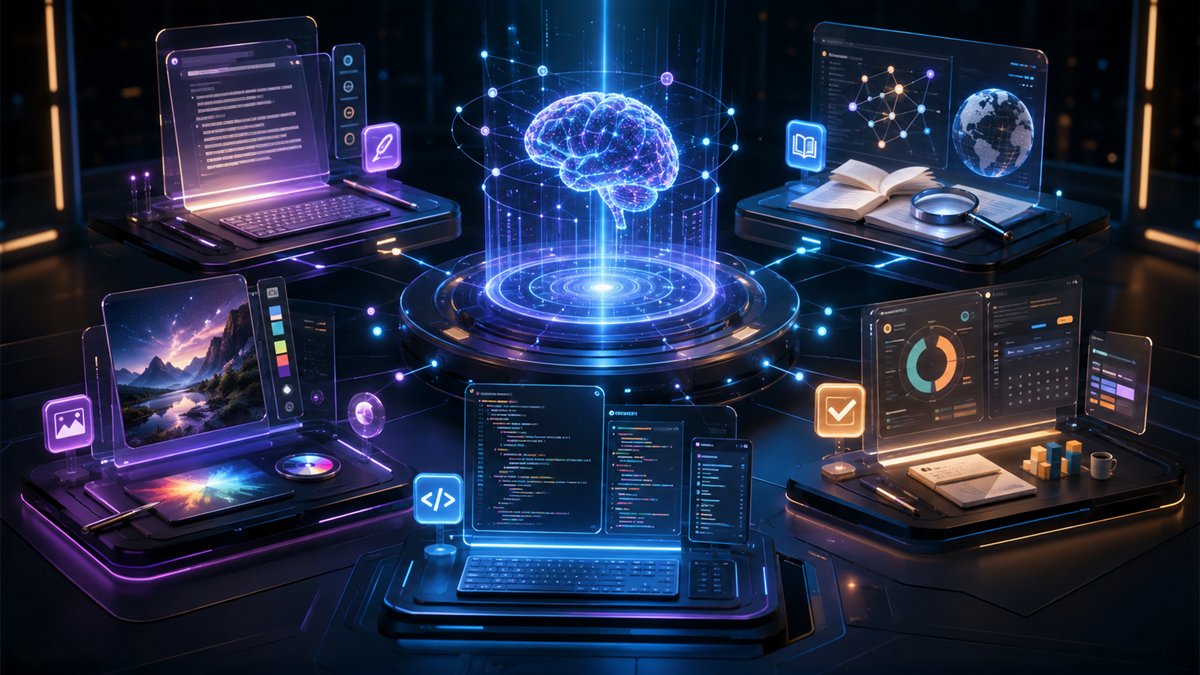 AI workstations for writing, research, coding, images and productivity around a central intelligence hub