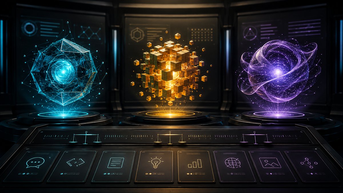 Three abstract AI systems arranged for a side-by-side assistant comparison