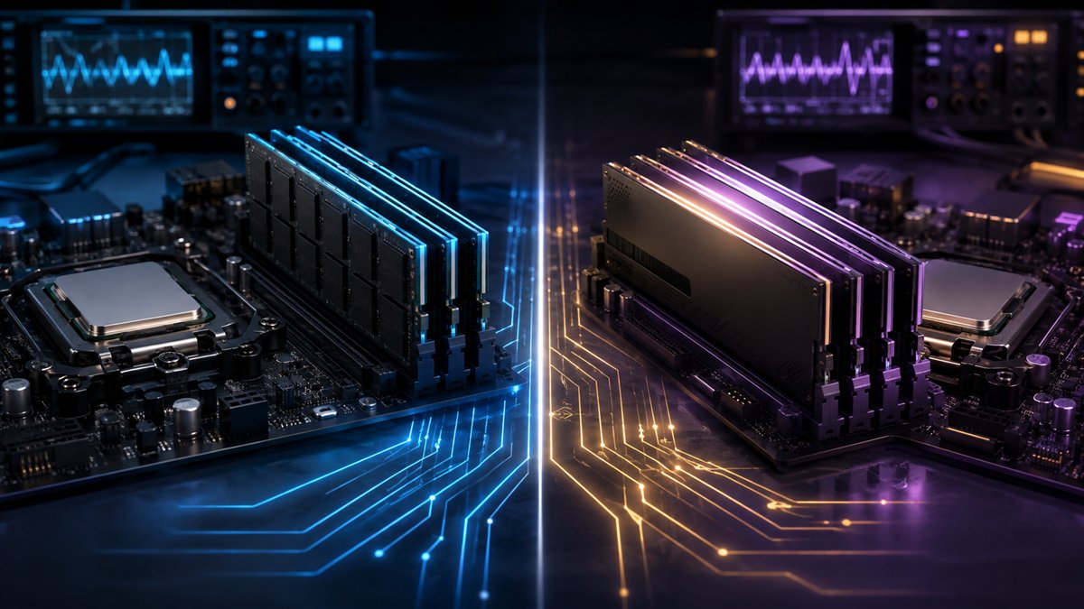 DDR4 and DDR5 desktop memory modules compared on a motherboard test bench