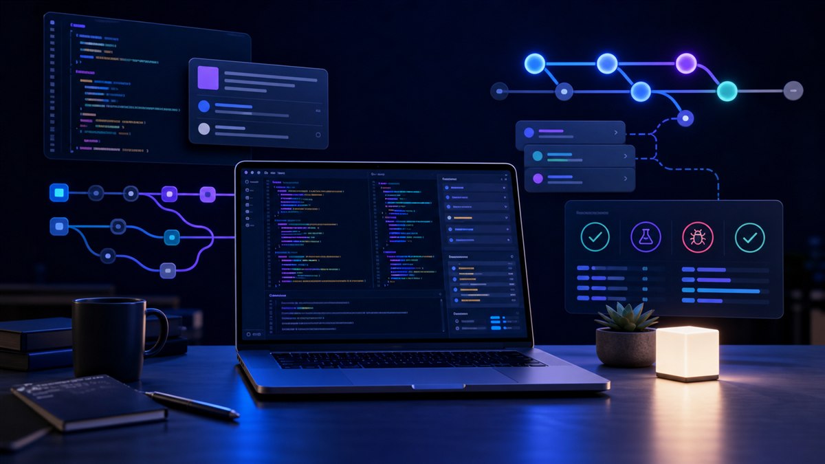Laptop with code surrounded by illustrated version-control and testing workflows