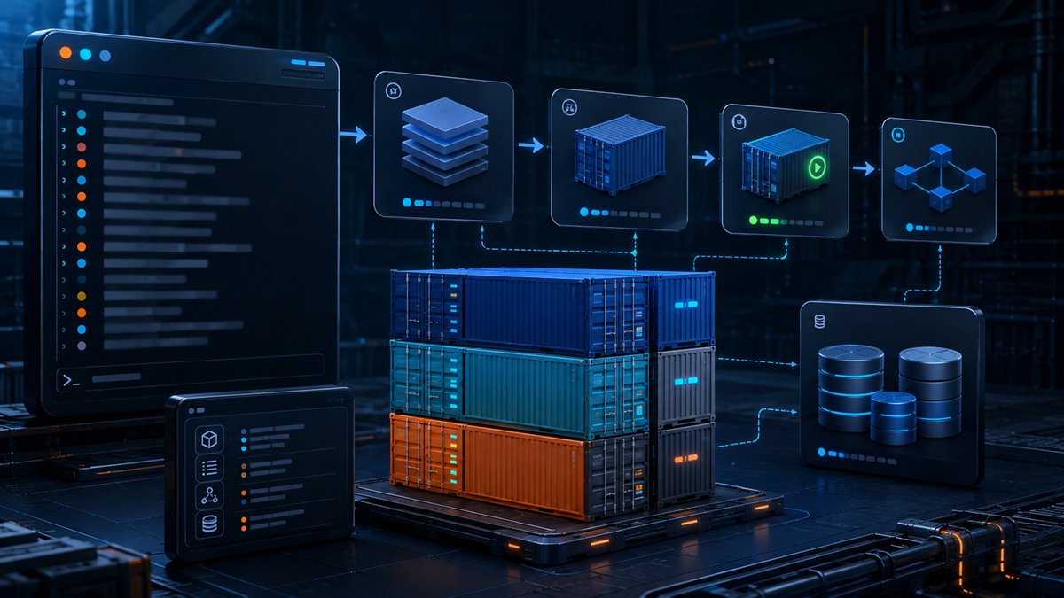 Docker command-line workflow with container images, instances, networks and volumes