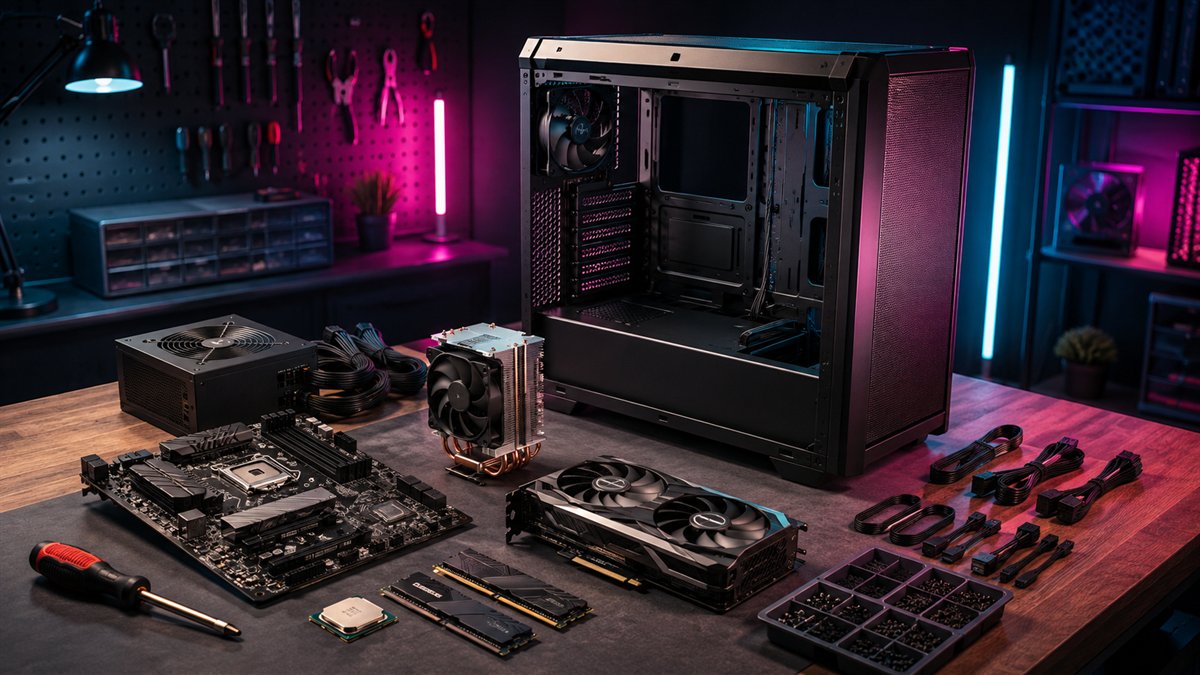 Gaming PC components arranged on a workbench in assembly order
