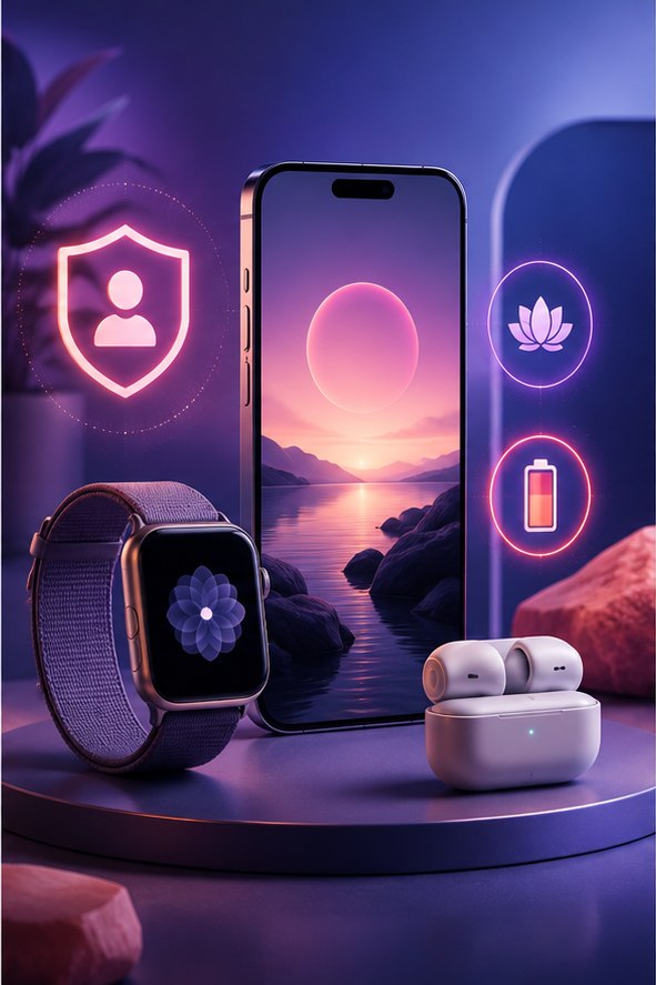 Premium smartphone with colorful privacy and battery symbols