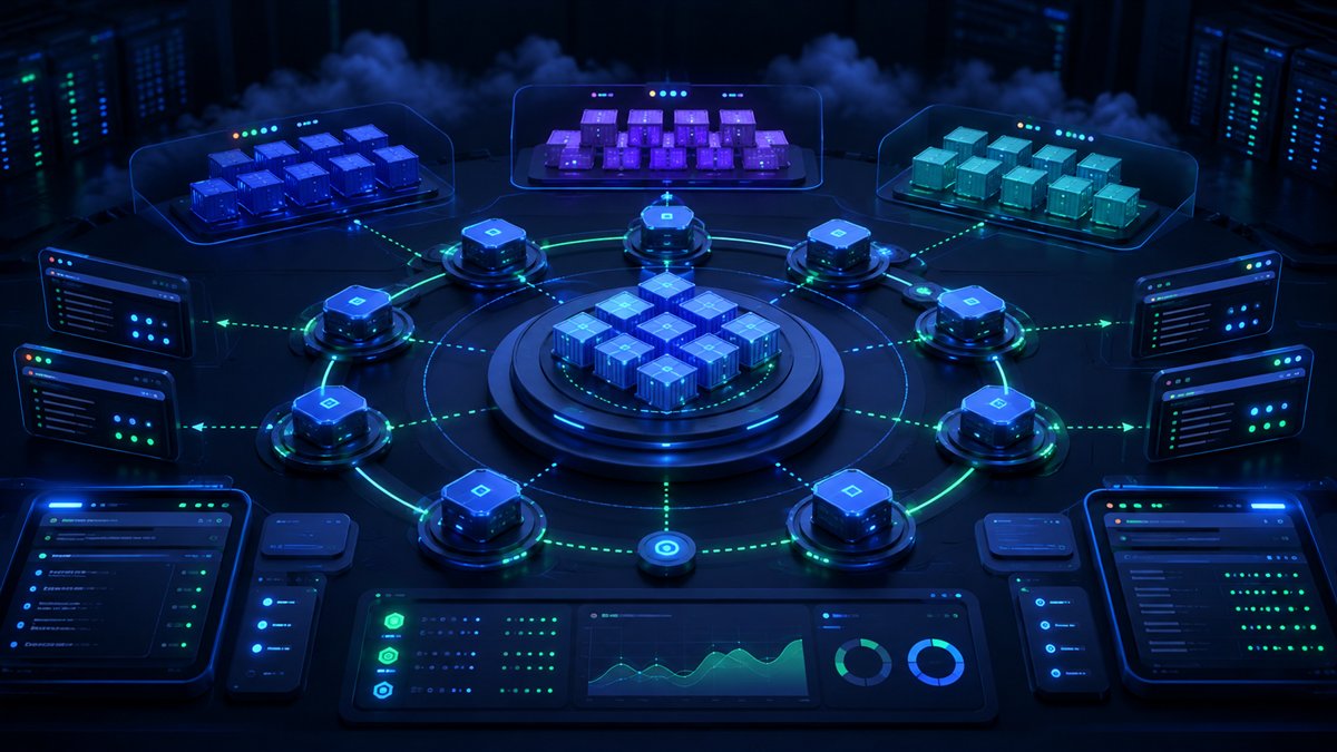 Kubernetes operations console with an orchestrated cluster of nodes and pods