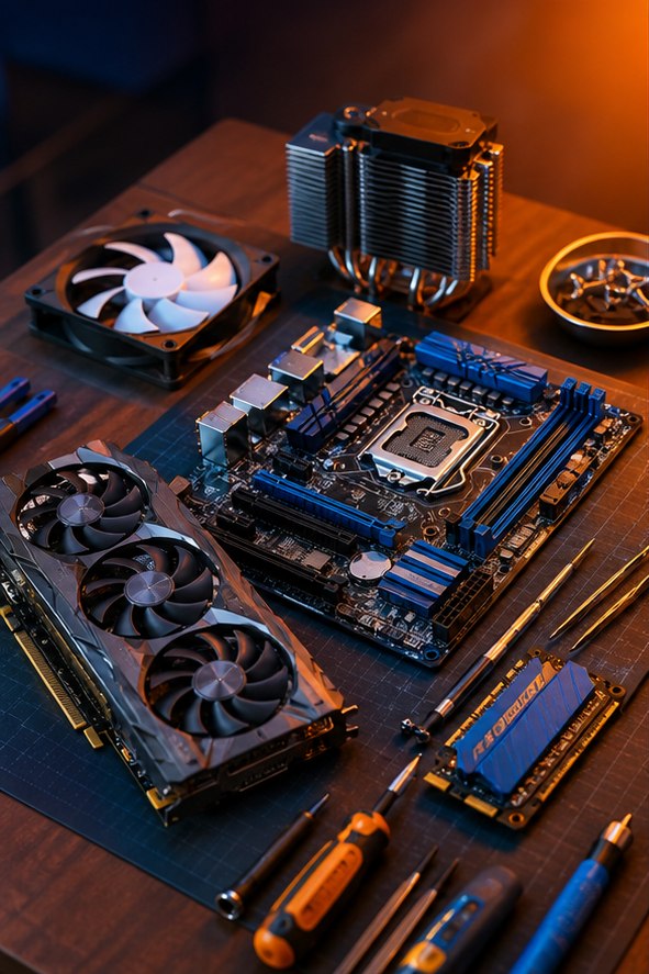 A desktop PC diagram showing the CPU, memory, graphics card and power supply