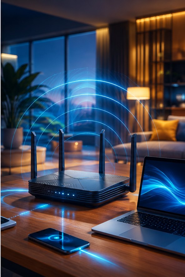 Modern home Wi-Fi router sending colorful wireless signals to a laptop and phone