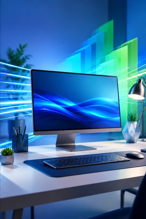 Modern desktop computer with colorful performance graphics
